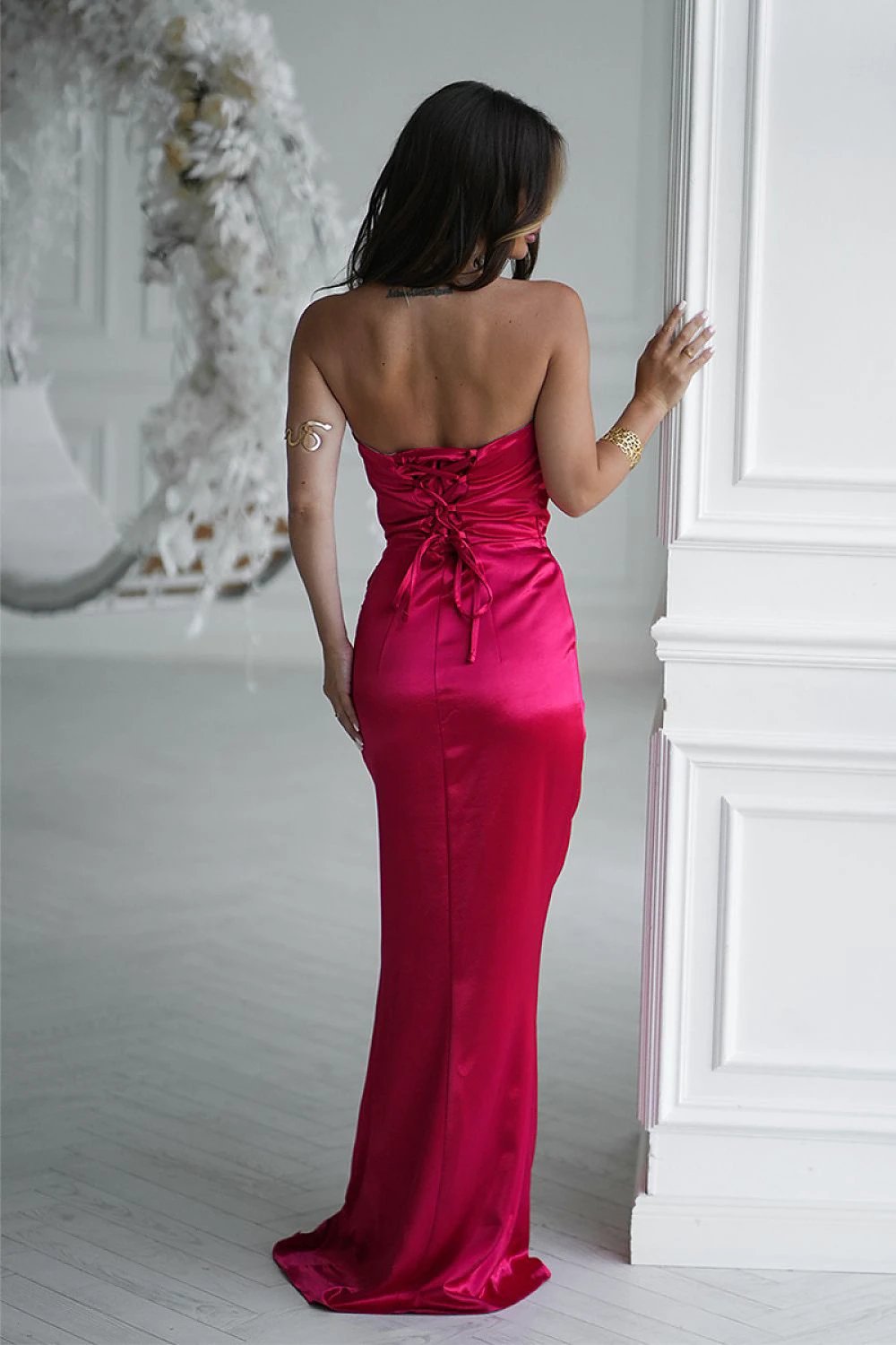 Bicotone Women's Long Dress - Elegant Strapless Satin With Draped Rose, Fitted Silhouette And High Slit For Special Occasions by Bicotone