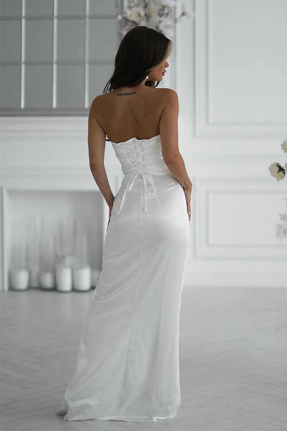 Bicotone Long Evening Dress - Shiny Satin Strapless with Draped Rose, Fitted Cut and High Slit for Special Events by Bicotone