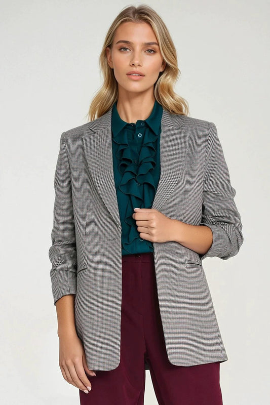 Nife Women's Jacket - Loose Regular Fit with Houndstooth Pattern and Lapel Collar by Nife