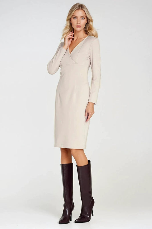 Nife Daydress - Elegant Tailored Women's Dress with V-Neck, Soft Stretchy Fabric and Long Sleeves by Nife