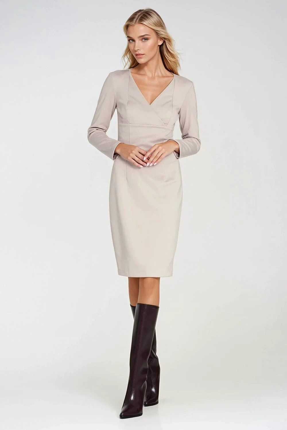 Nife Daydress - Elegant Tailored Women's Dress with V-Neck, Soft Stretchy Fabric and Long Sleeves by Nife