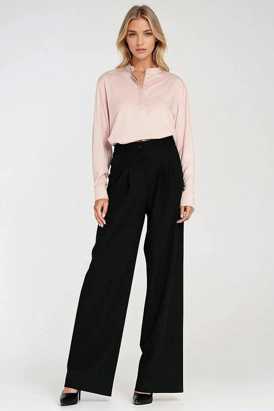 Nife Elegant Women's High Waist Wide Leg Trousers - Loose Fit With Decorative Pleats For Elongated Legs by Nife