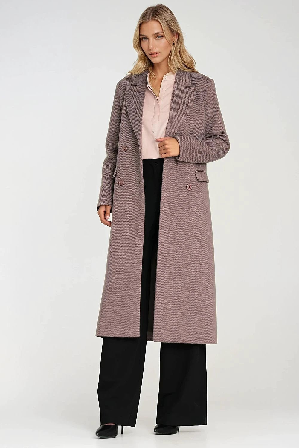 Nife Elegant Women's Flannel Coat - Timeless Design with V-Neck and Double-Breasted Closure by Nife