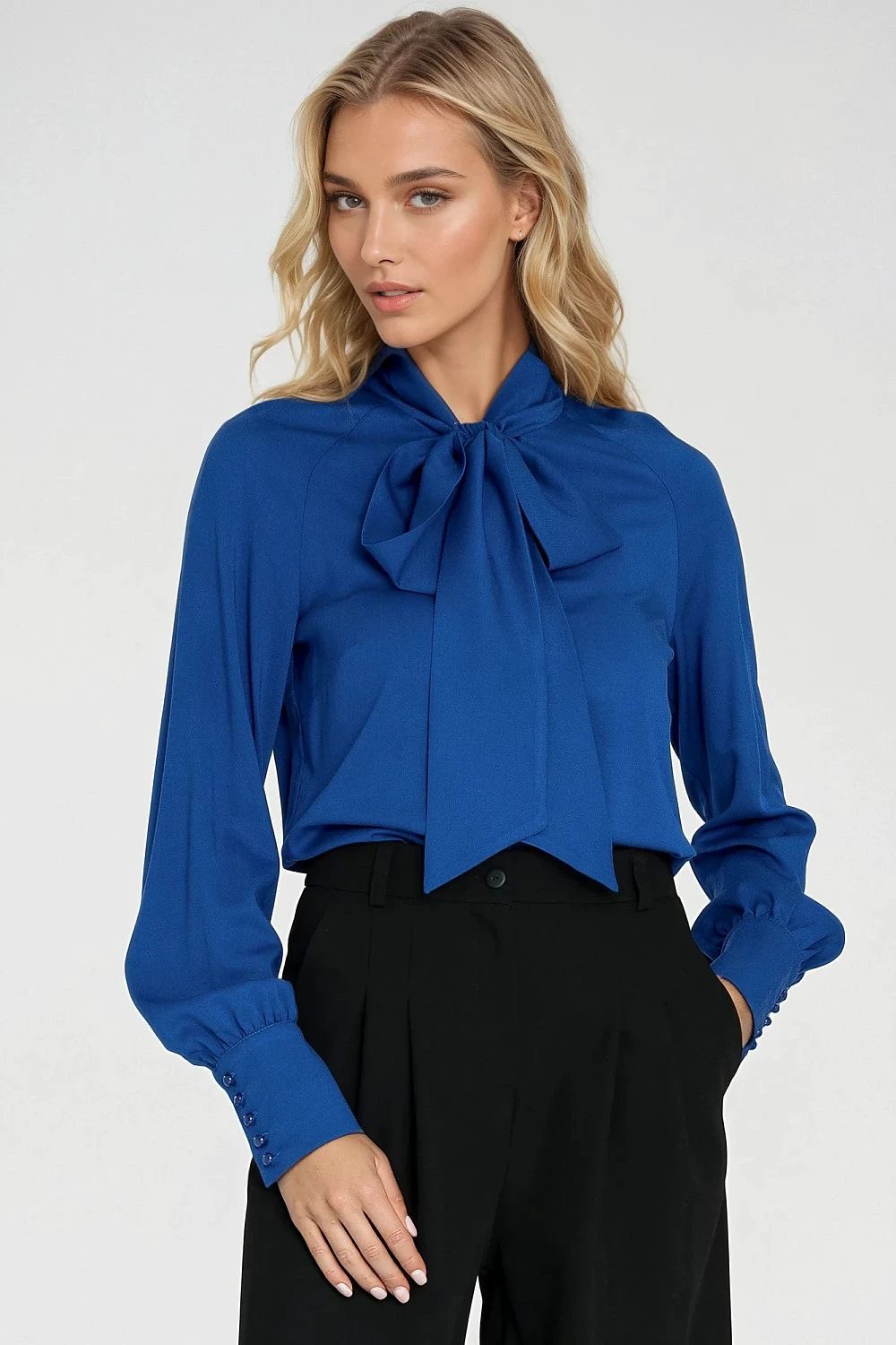 Nife Women's Long-Sleeve Viscose Blouse - Elegant Design with Wide Cuffs and Tie Scarf by Nife