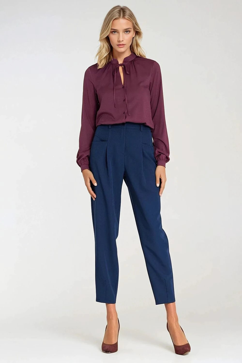 Nife Women's Long Sleeve Shirt - Breathable Viscose with Elegant Neck Tie and Customizable Fit by Nife