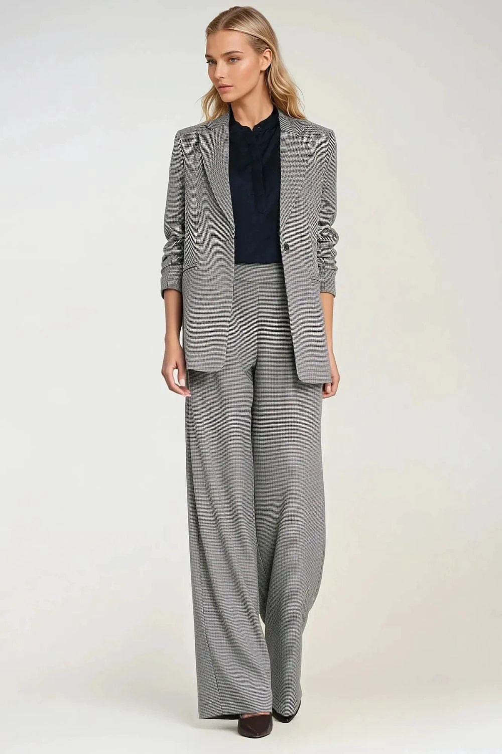 Nife Women's Jacket - Loose Regular Fit with Houndstooth Pattern and Lapel Collar by Nife