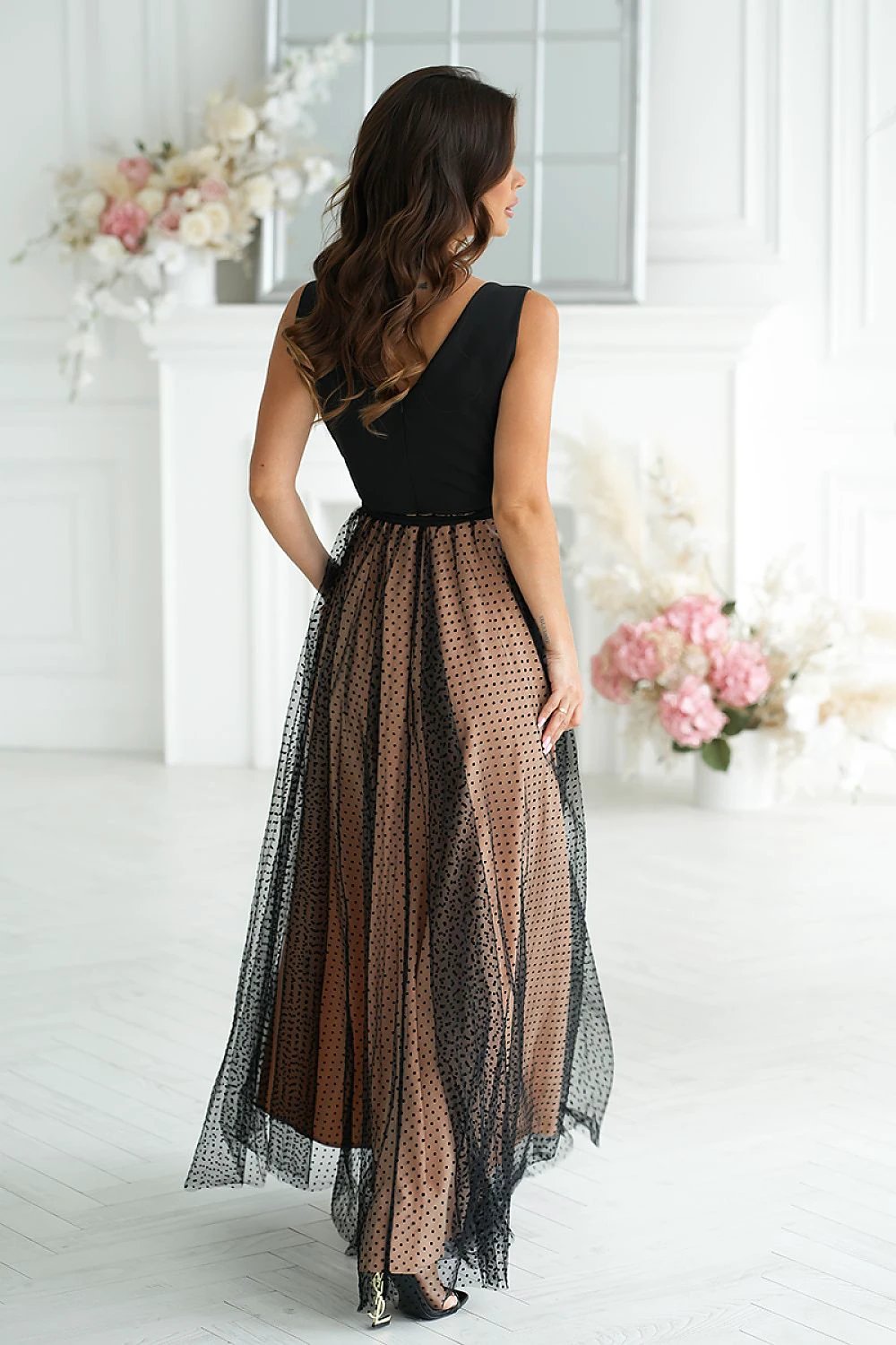 Bicotone Long Dress - Airy Fabric with Silhouette Enhancing Design, Delicate Neckline, Leg Slit and Rose Belt by Bicotone