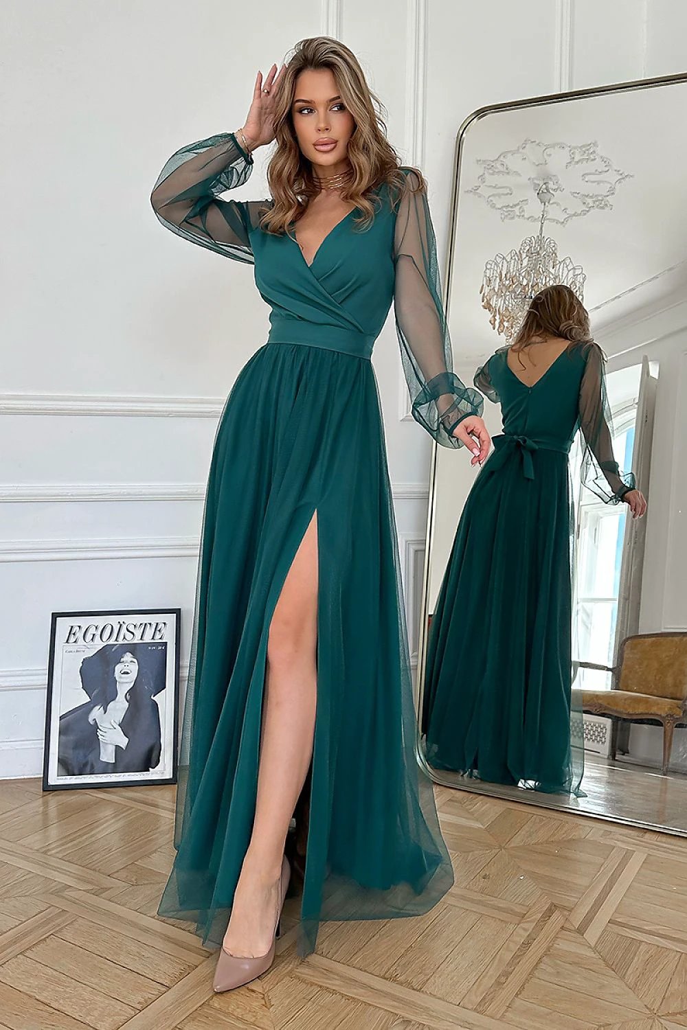 Bicotone Long Dress - Elegant Flowing Fabric, Delicate Neckline, Slit Design, Included Belt And Trendy Colors by Bicotone