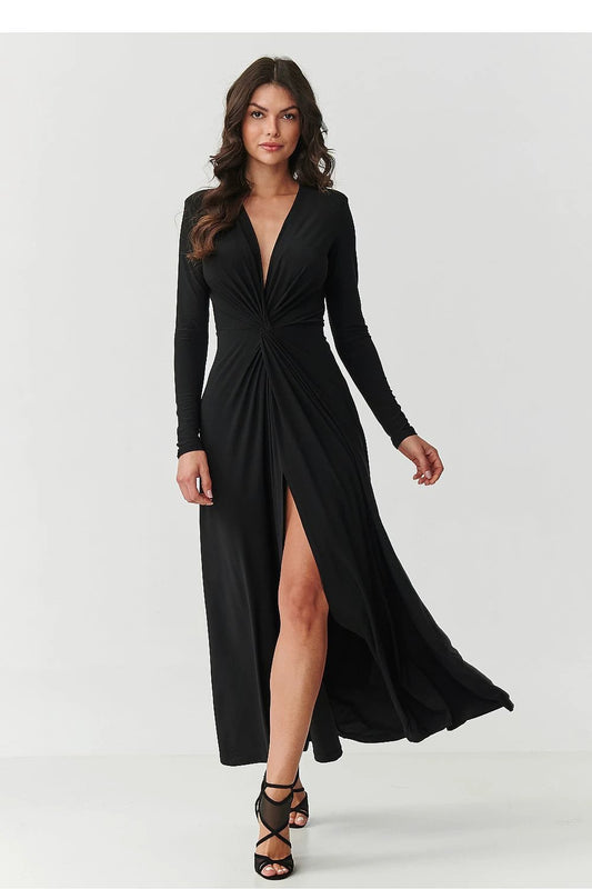 Makadamia Black Long Maxi Dress - Figure-Hugging Evening Gown with Deep V-Neck and Ruching for Women by Makadamia