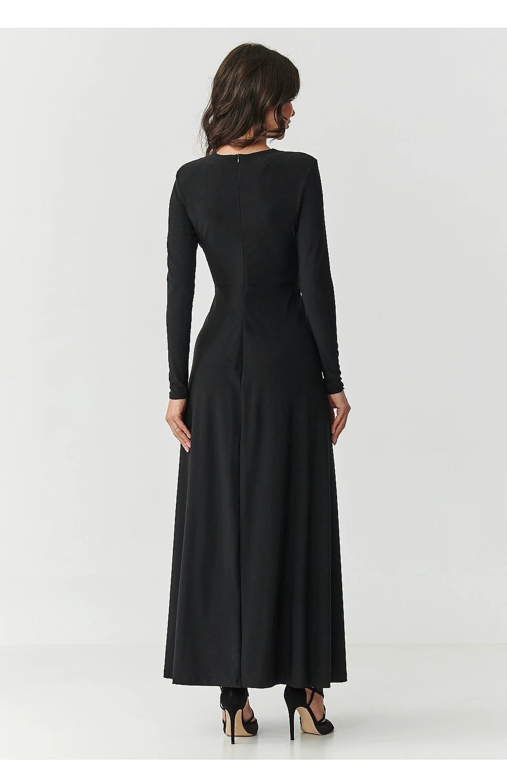 Makadamia Black Long Maxi Dress - Figure-Hugging Evening Gown with Deep V-Neck and Ruching for Women by Makadamia