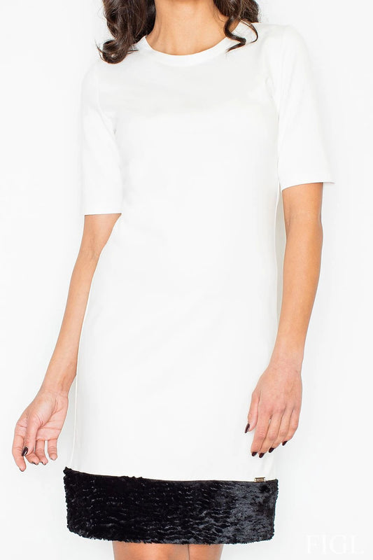 Figl Daydress Model 49853 - Elegant Stretchy Pencil Cut Short Sleeve Dress with Fur Trim by Figl