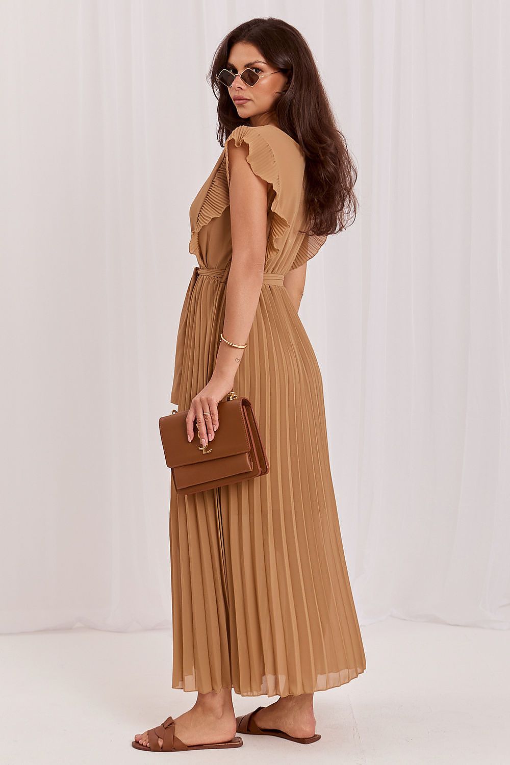 Brown Sash Pleated Wrap-Neck Midi Dress