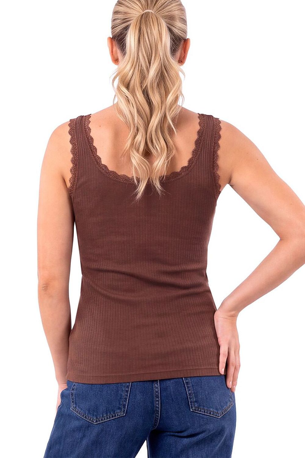 Cocoa Lace Line Ribbed Cotton-Blend Tank – Brown