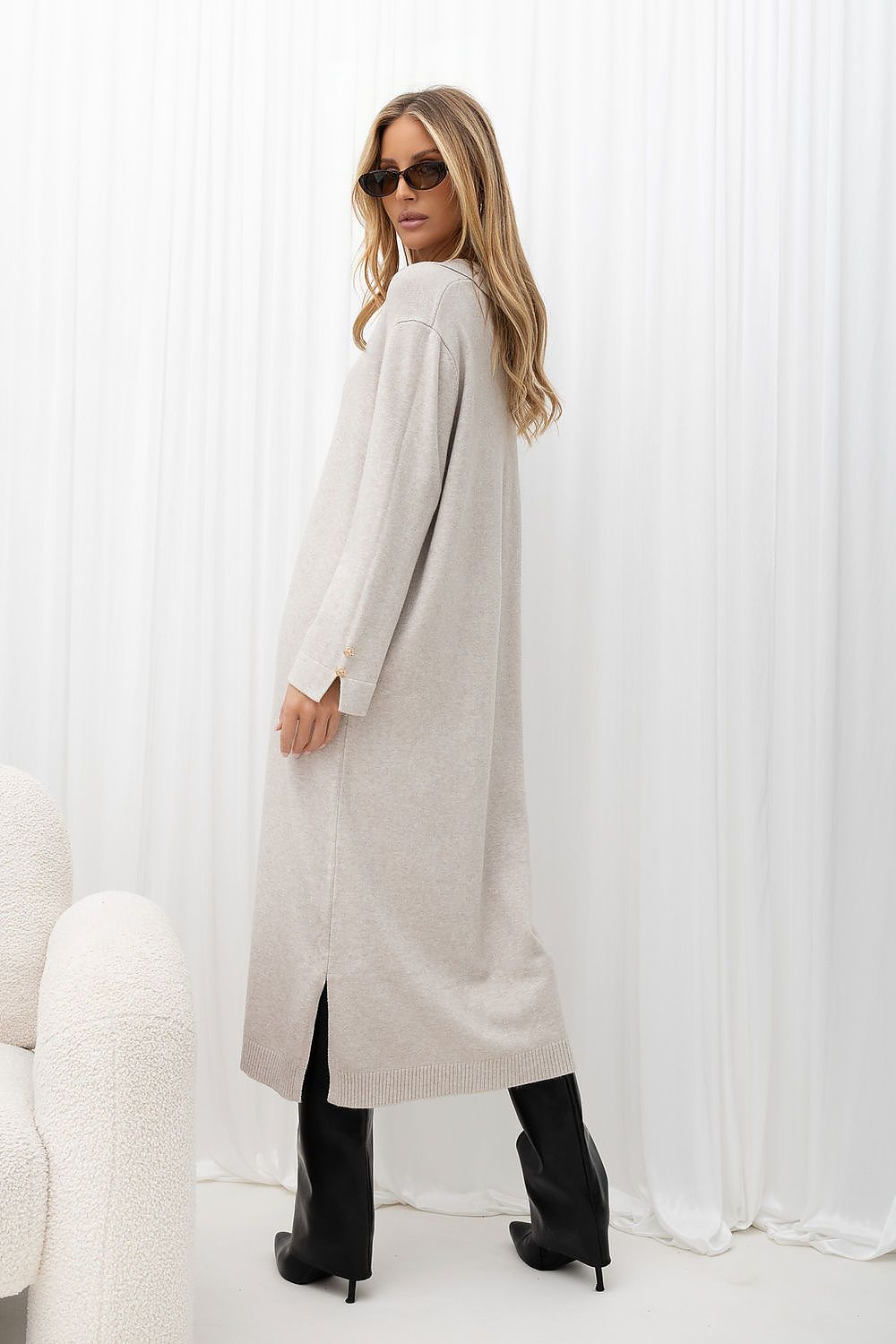 Beige Chapter V-Neck Button-Sleeve Knit Midi Dress — view 2