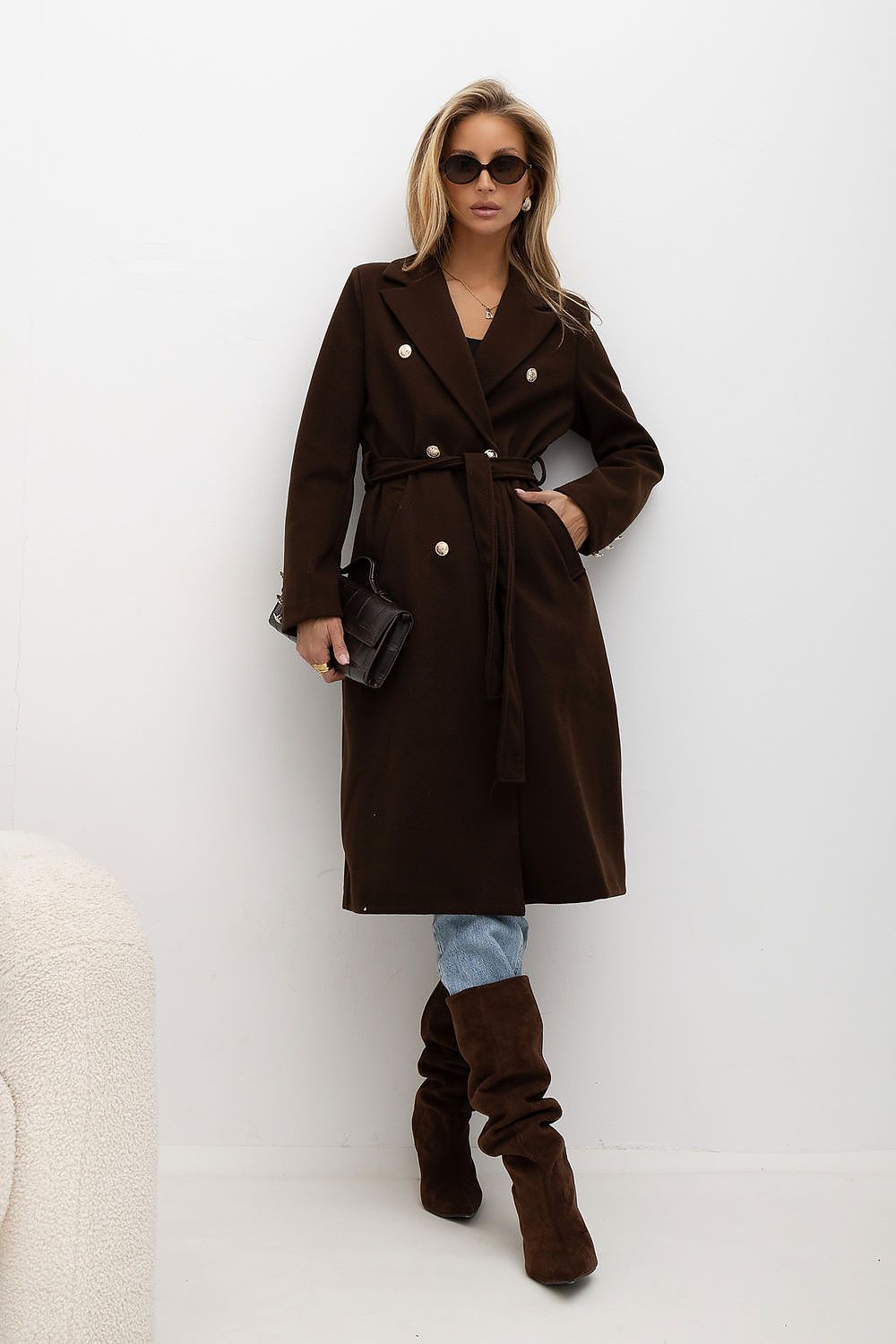 Cocoa Line Ribbed Belted Midi Coat – Brown — view 1