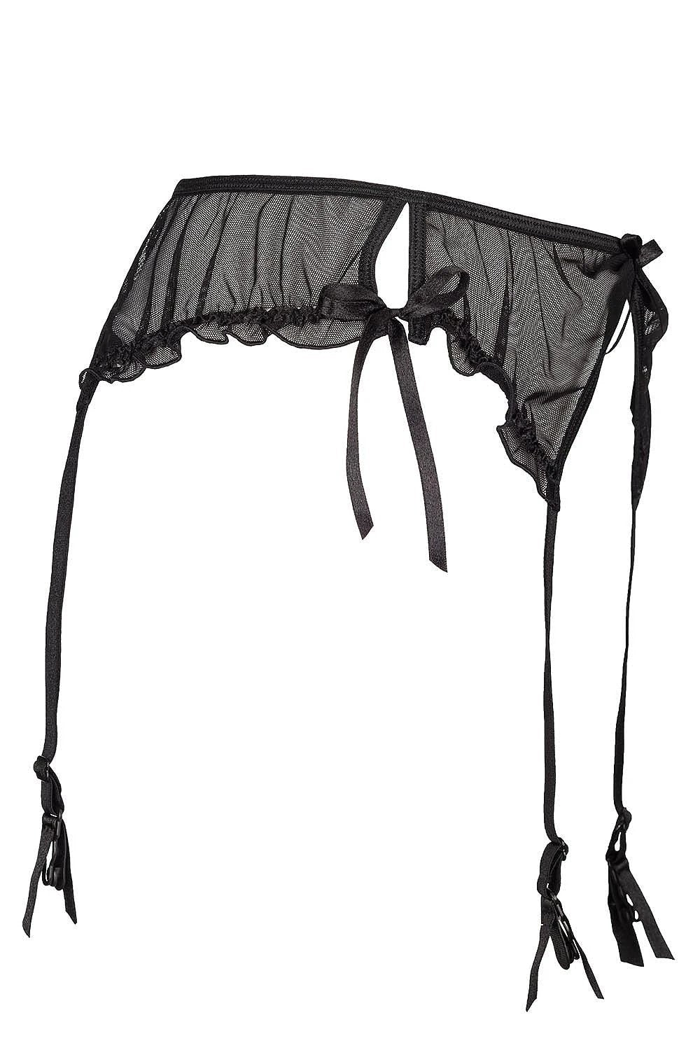 Axami Sexy Garter Belt for Women - Delicate Tulle Mesh with Side Slits, Frills and Satin Bow by Axami