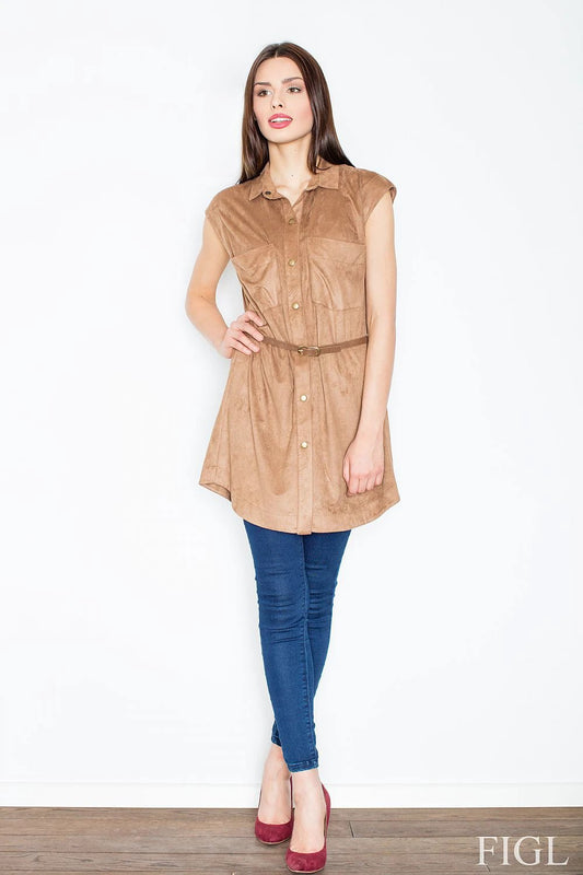 Figl Daydress 52577 - Feminine Chambray Fabric Dress with Button Front, Winged Sleeves and Smocked Cut by Figl