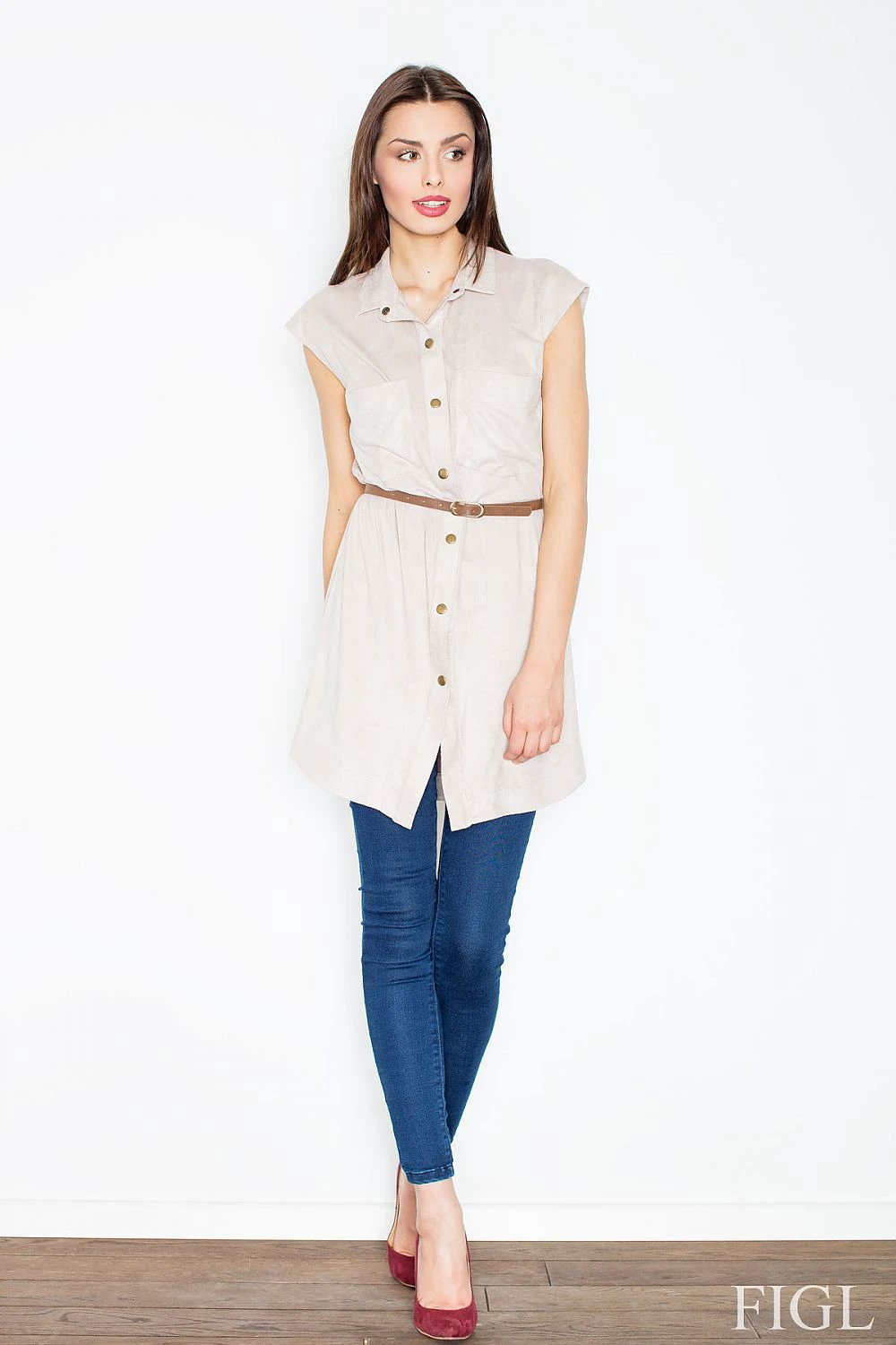 Figl Daydress 52577 - Feminine Chambray Fabric Dress with Button Front, Winged Sleeves and Smocked Cut by Figl