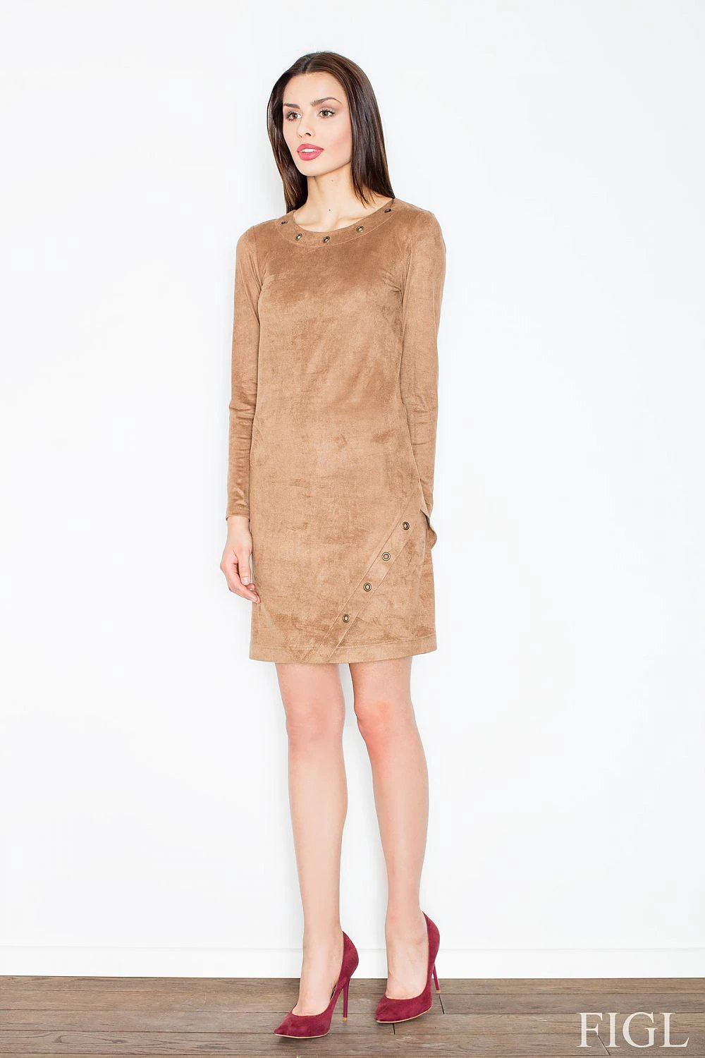 Figl Daydress Model 52600 - Trendy Women's Long Sleeve Mini Dress with Decorative Metal Rings and Soft Suede-Like Fabric by Figl