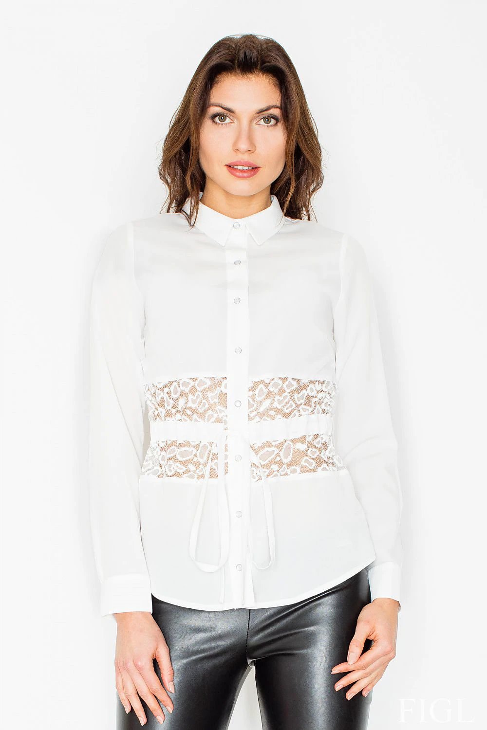 Figl Women's Long Sleeve Shirt - Featuring Lace Insertion and Ribbon Ties for Elegant Style by Figl