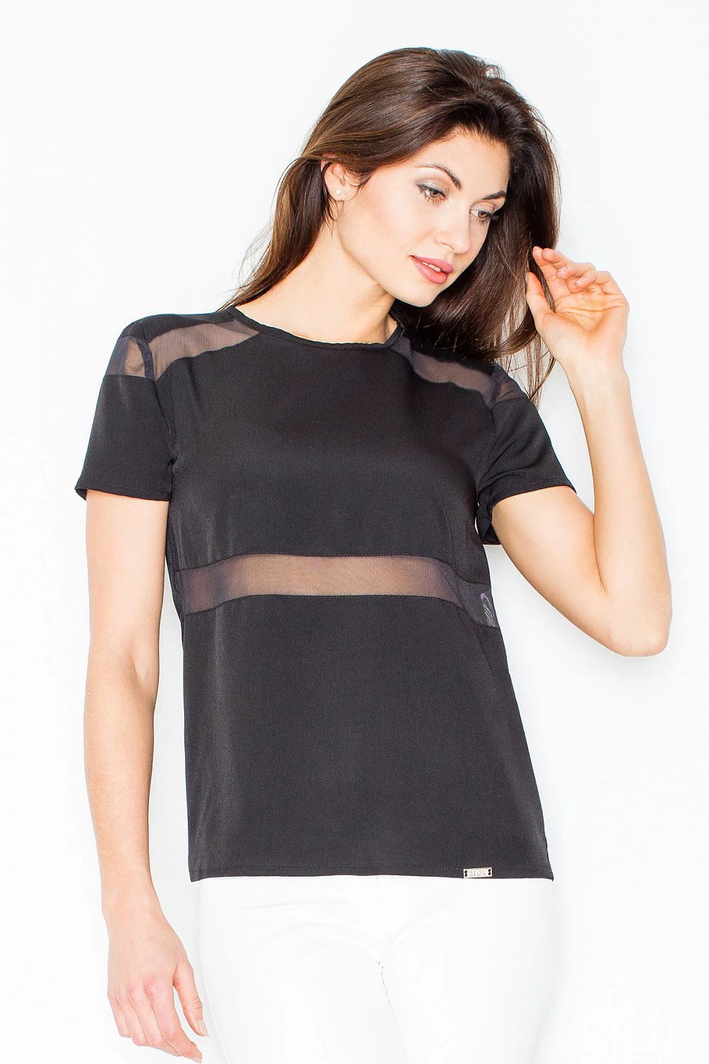 Figl Blouse Model 60187 - Stylish Short Sleeve Blouse with Mesh Inserts and Zip Fastening, Made from Polyester Blend by Figl