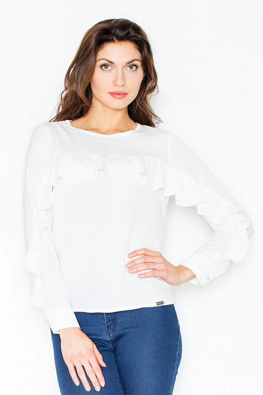 Figl Blouse Model 60189 - Elegant Long-Sleeve Design with Cuffs, Frill for Versatile Occasions by Figl