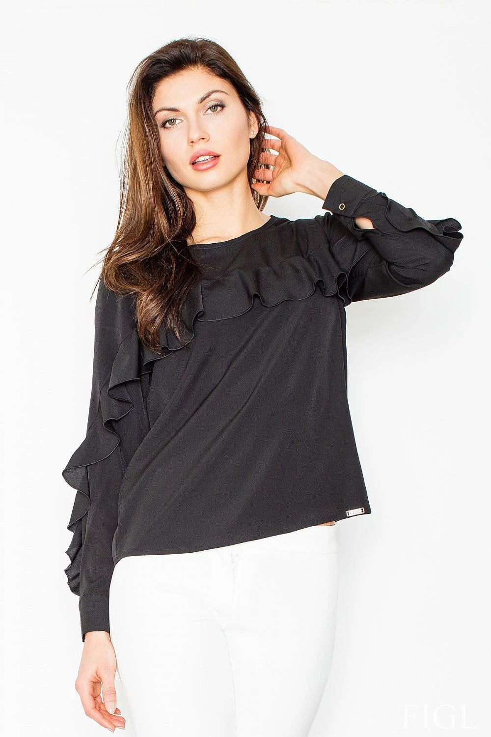 Figl Blouse Model 60189 - Elegant Long-Sleeve Design with Cuffs, Frill for Versatile Occasions by Figl