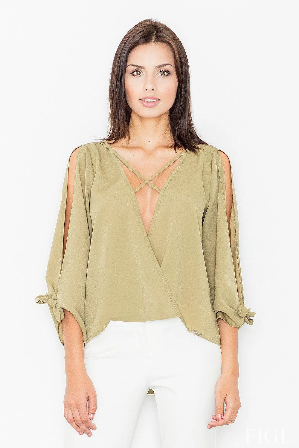 Figl Women's Blouse Model 60695 - Lightweight Chic Design with Cut-Out Sleeves, Lacing, and Elongated Back by Figl