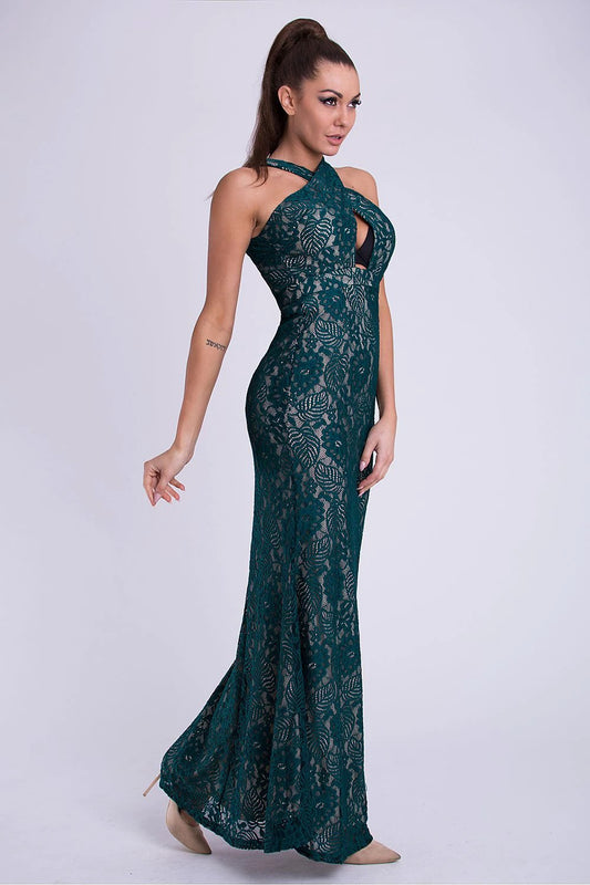 YourNewStyle Long Dress Model 69400 - Sexy Sleeveless Deep Neckline Green Lace Evening Gown For Women by YourNewStyle