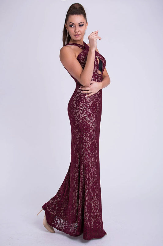 YourNewStyle Long Dress Model 69401 - Sexy Sleeveless Burgundy Lace Evening Gown by YourNewStyle
