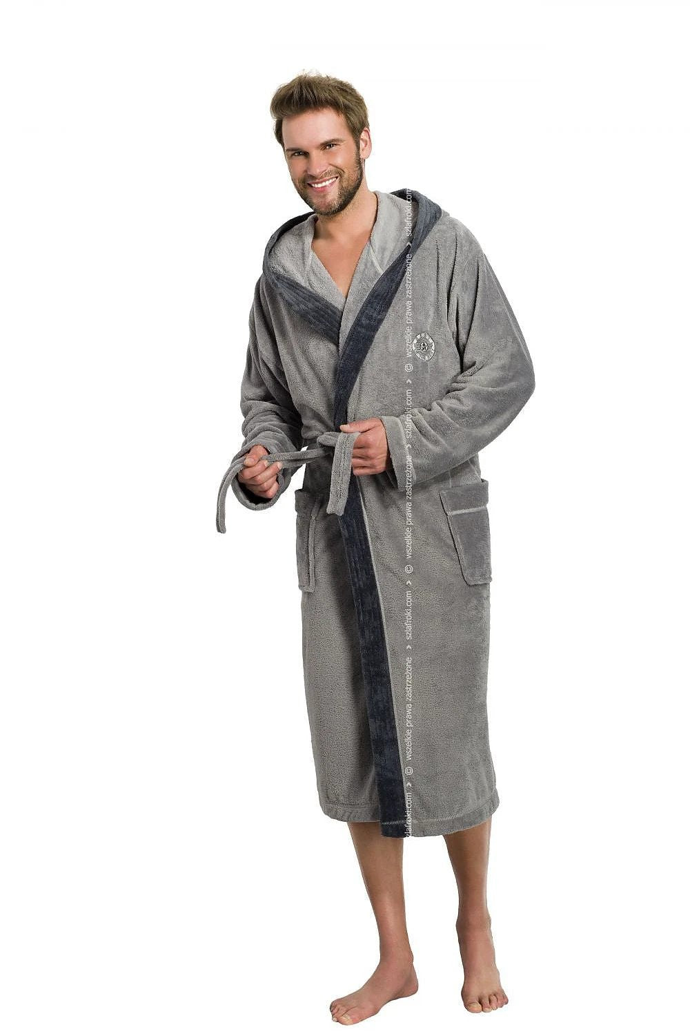 L&L Collection Bathrobe Model 84075 - Soft Hooded Design with Pockets, Contrasting Piping, and Comfortable Fit by L&L collection