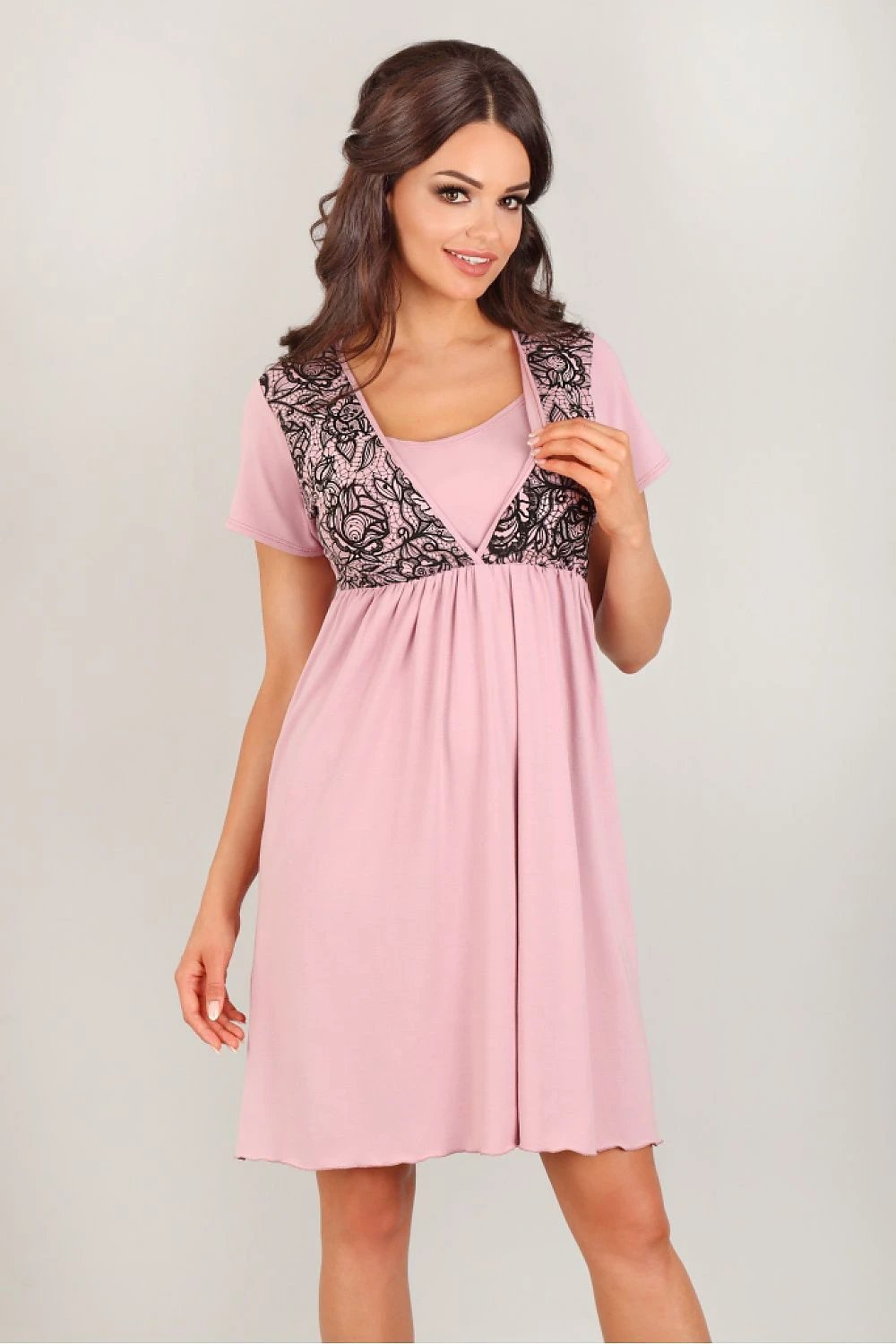 Short-Sleeve Drop-Cup Nursing Chemise – Pink and Black