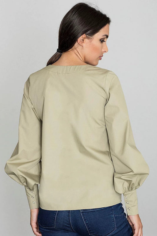 Figl Blouse Model 111085 - Lightweight Cotton Blend with Buffet Sleeves and Pointed Neckline by Figl