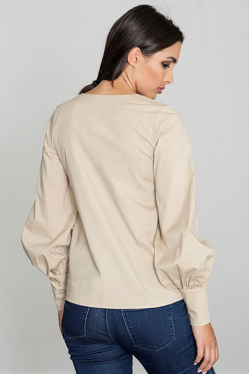 Figl Blouse Model 111085 - Lightweight Cotton Blend with Buffet Sleeves and Pointed Neckline by Figl