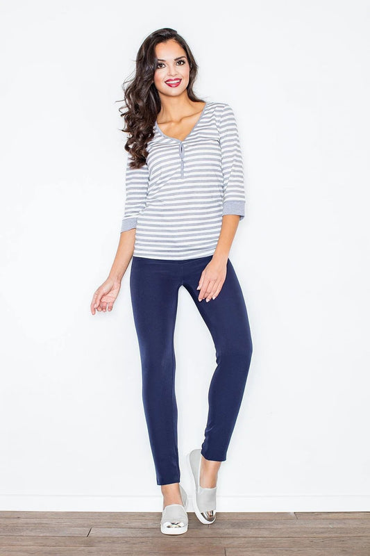 Figl Women's Blouse Model 44215 - Classic Navy Blue Stripes Long Sleeve Button Front Design by Figl