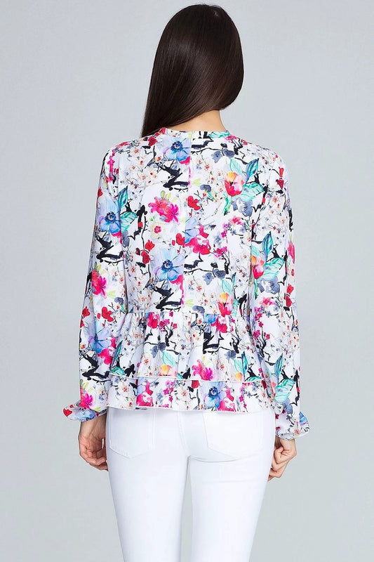 Figl Blouse Model 116240 - Loose Floral Long Sleeve with Frills and Stand-Up Collar by Figl