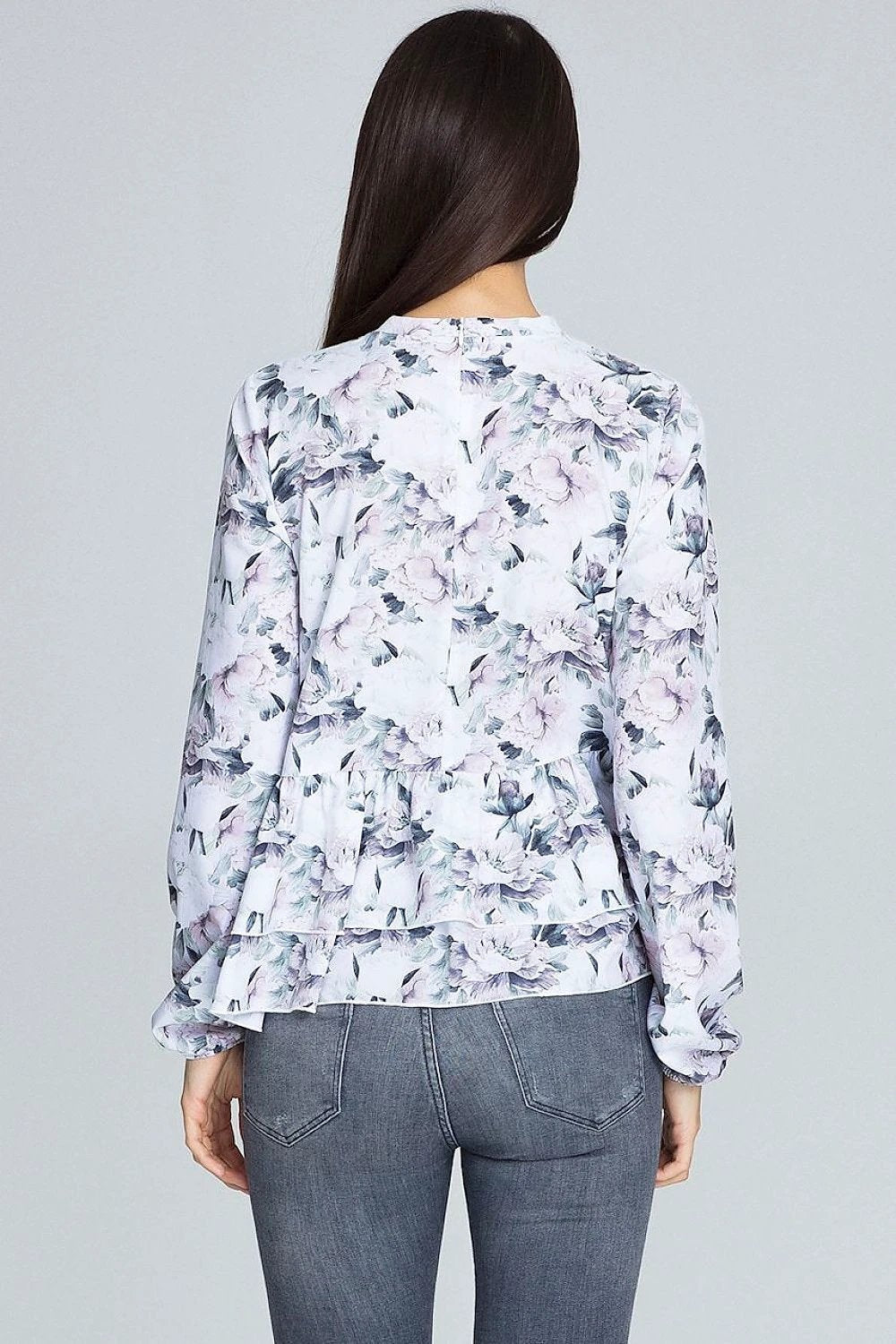 Figl Blouse Model 116240 - Loose Floral Long Sleeve with Frills and Stand-Up Collar by Figl