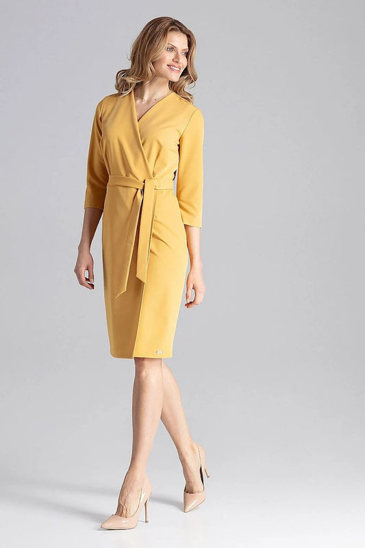 Figl Daydress Model 129792 - Classic Envelope Neckline Work Dress with Belt and Sleeves by Figl
