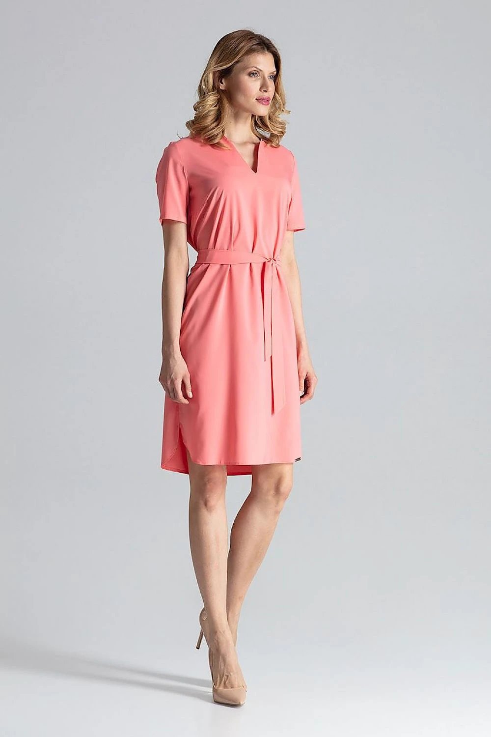 Figl Daydress Model 132460 - Stylish Below-Knee Dress with Tied Waist and Short Sleeves by Figl