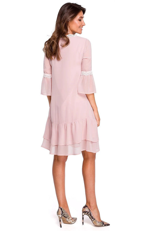 Stylove Women's Cocktail Dress Model 132587 - Lightweight Boho Chiffon with Ruffles, Guipure and Elastic Lining by Stylove