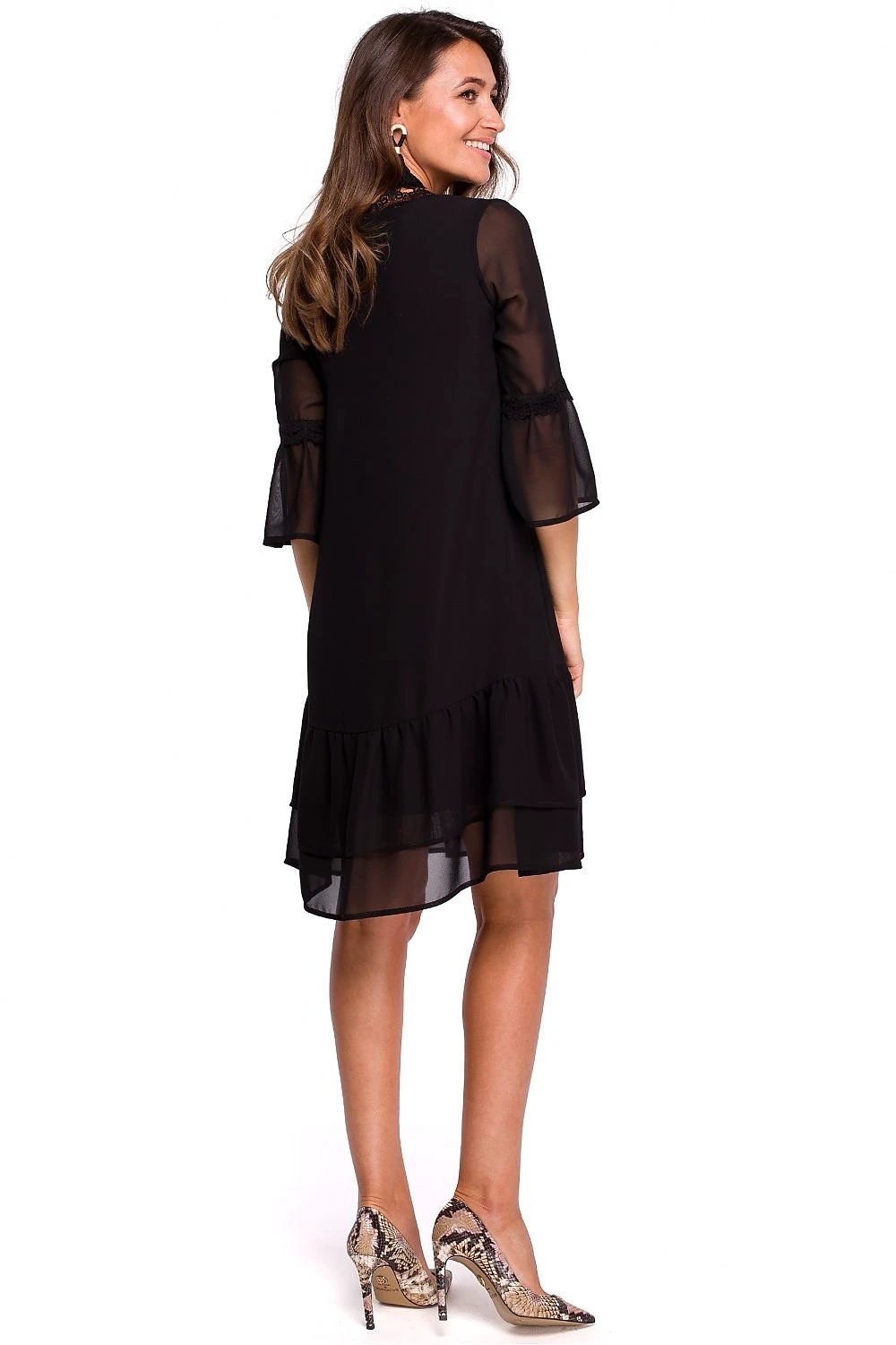 Stylove Women's Cocktail Dress Model 132587 - Lightweight Boho Chiffon with Ruffles, Guipure and Elastic Lining by Stylove