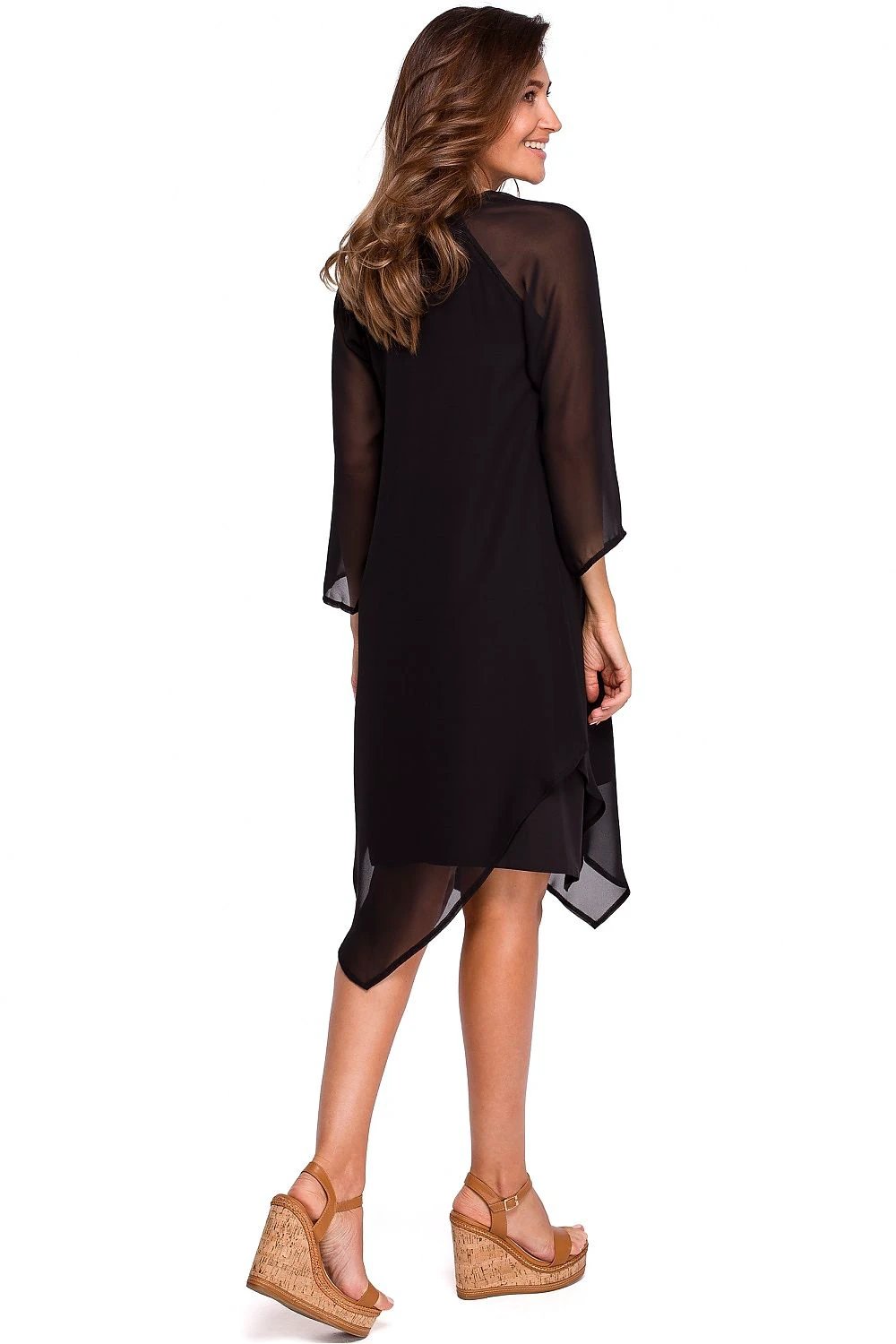Stylove Women's Cocktail Dress Model 132589 - Airy Feminine Boho Style with Asymmetric Hem and Extended Sleeves by Stylove
