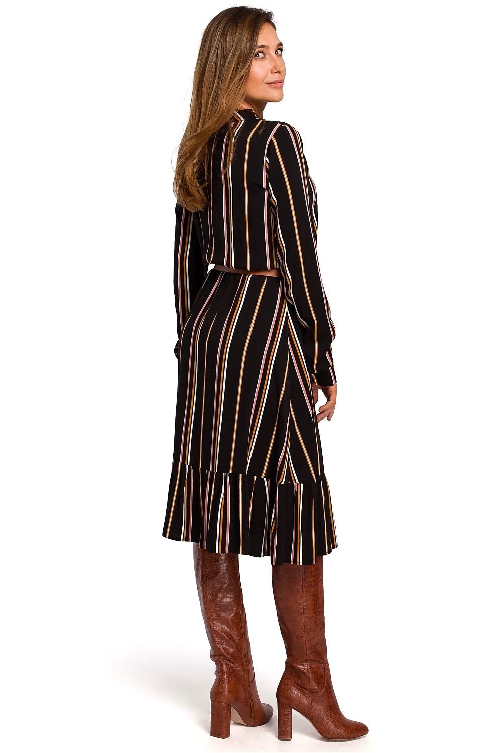 Stylove Daydress Model 135258 - Feminine A-Line Waist-Cut Dress with Stand-Up Collar, Belt and Frill for Day Wear by Stylove