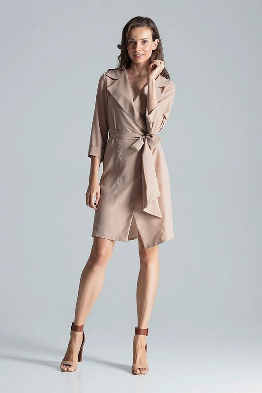 Figl Daydress 135762 - Loose Beige Shirt Dress with Waist Tie for Comfortable Everyday Wear by Figl