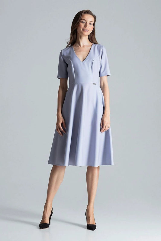 Figl Daydress 135798 - Grey Flared Midi Dress with Short Sleeves and Side Pockets by Figl