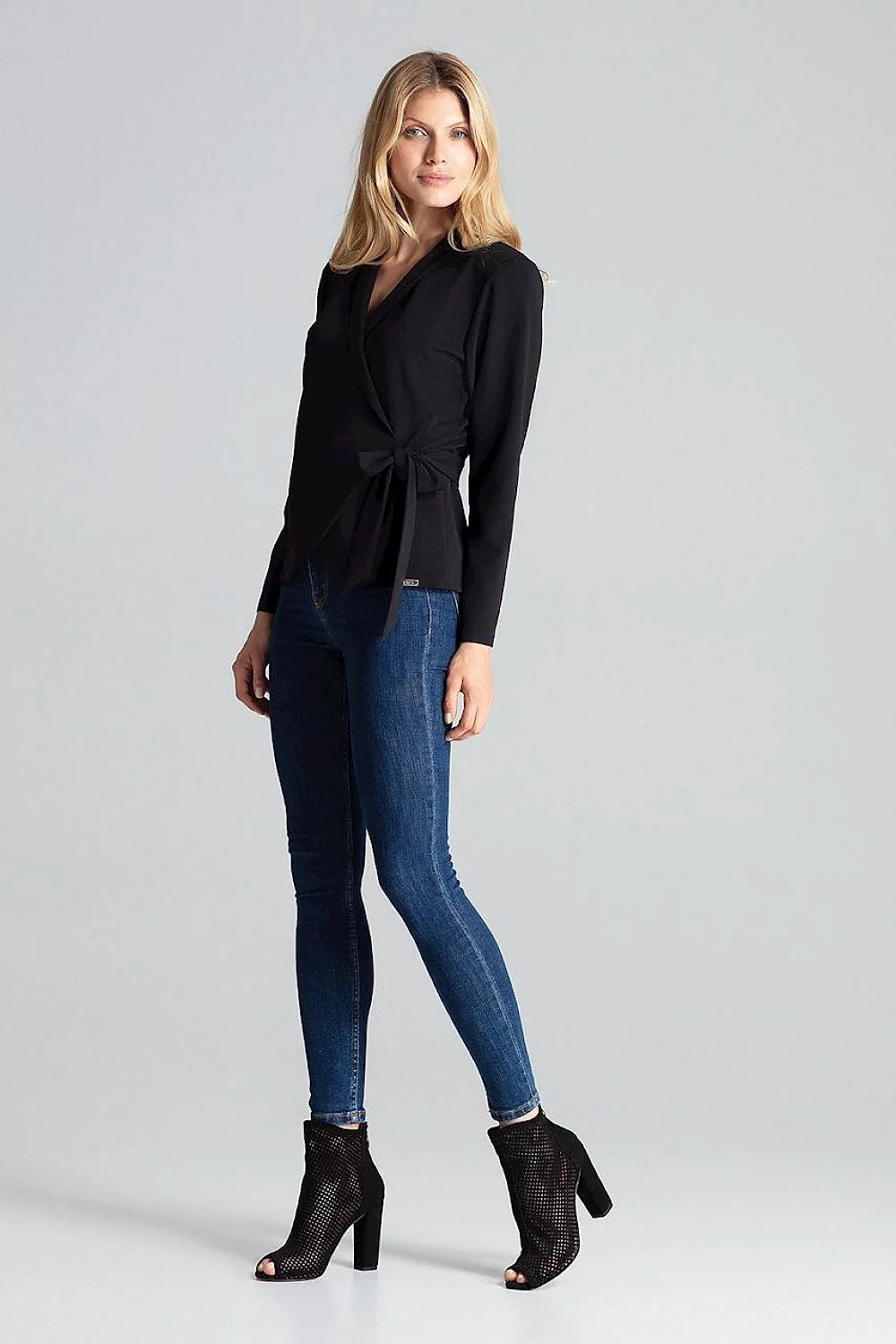 Figl Blouse Model 138272 - Loose-Fitting Long Sleeve Black Blouse with Waist Tie and Shoulder Cushions by Figl
