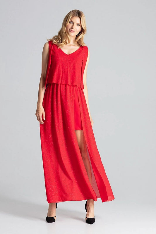 Figl Cocktail Dress Model 138275 - Red Sensual Sleeveless Design with Deep Neckline and Waist Slit by Figl