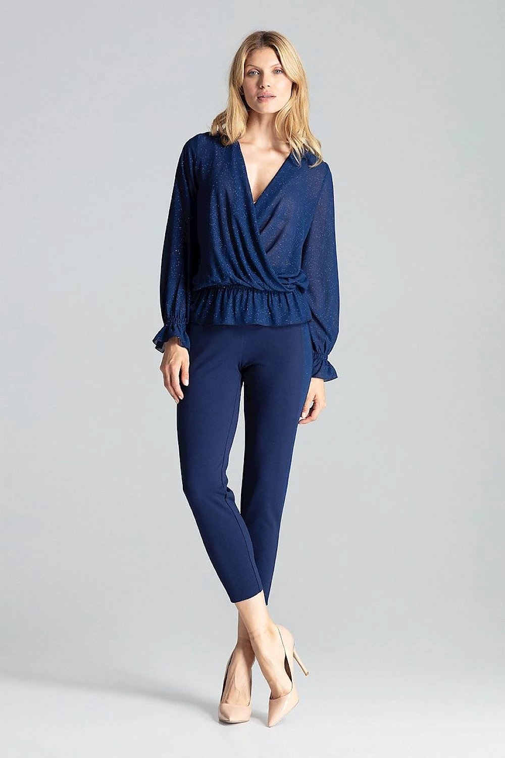 Figl Women's Red Brocade Long Sleeve Blouse - Envelope Neckline with Elastic Waist and Sleeves for Comfort by Figl