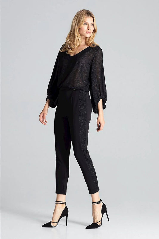 Figl Women's Black Trousers Model 138283 with Brocade Stripes - Comfortable Tapered Legs and Stretch Fabric by Figl