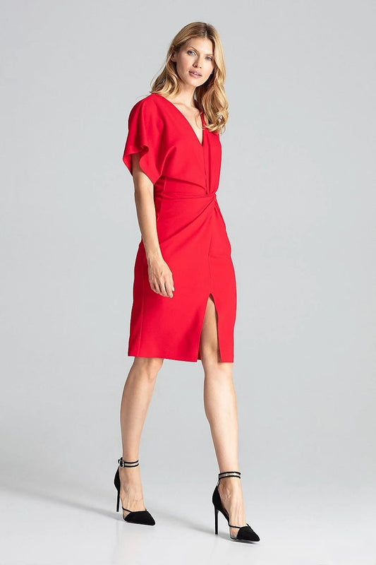 Figl Red Midi Daydress - Elegant Women's Dress with Kimono Sleeves and Elastic Waist for Comfort and Style by Figl